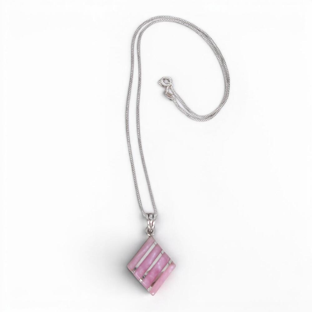 Pink Opal Inlay Diamond Shape Pendant Sterling Silver 925 Necklace 18"